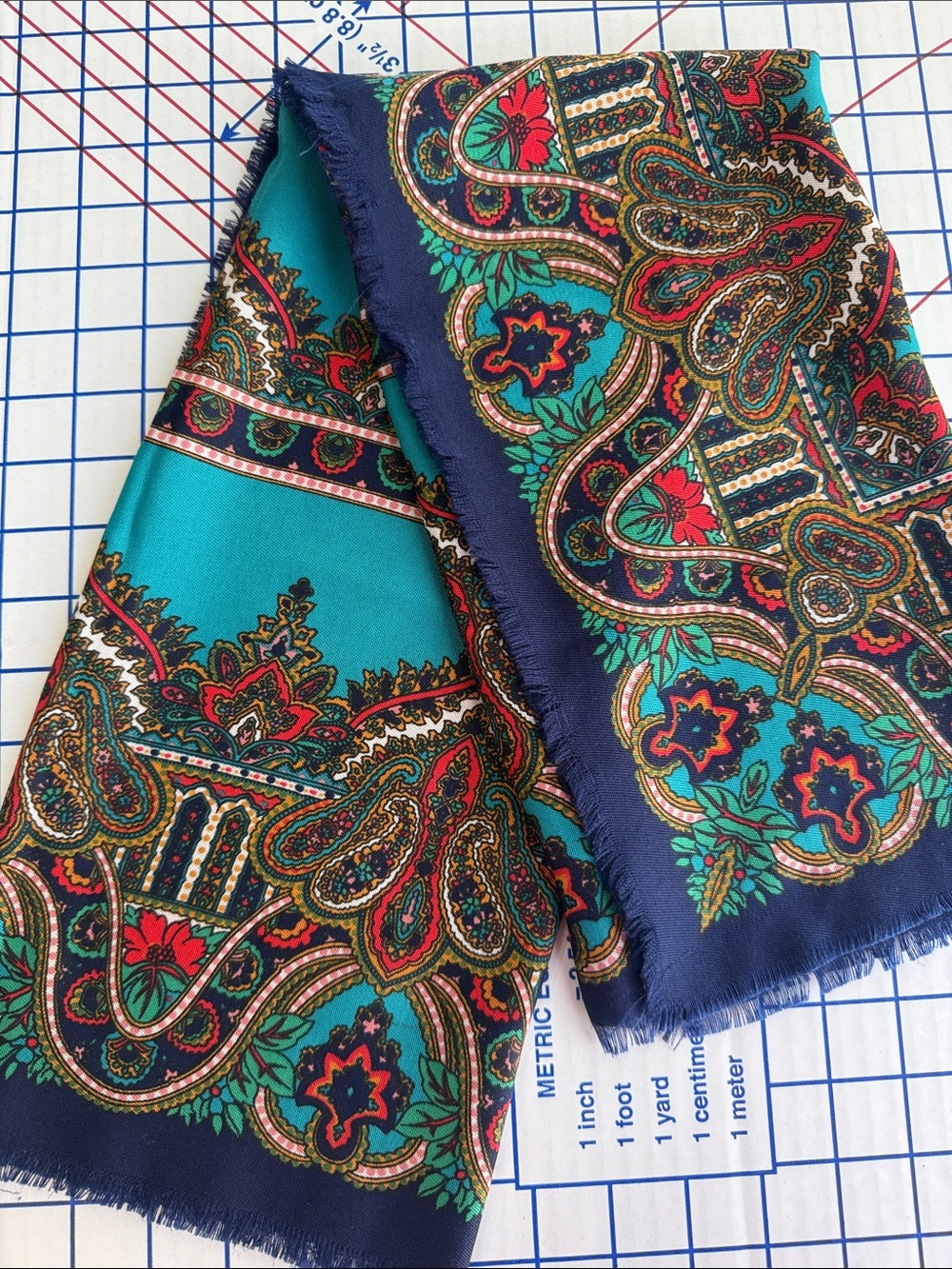 Vintage Glentex Italian Paisley Scarf 30” Teal Navy Fringe 1970s